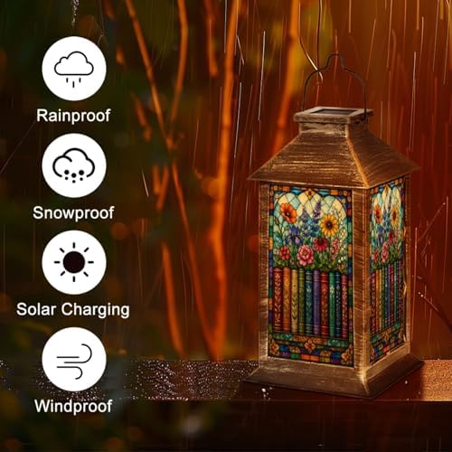 Solar Lantern Colorful Stained Glass Style Bookshelf Flowers Botanical Outdoor Waterproof Hanging Solar Light Outside Lights for Patio Yard House Lawn Decor Birthday Gifts for Women Mom - Image 5