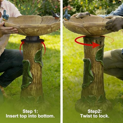 SunJet 24” High x 19” Diameter Outdoor Bird Bath with Tree Stump Leaf Design - Fibre Reinforced Concrete Birdbaths for Garden, Patio, Yard, Lawn Décor - Image 4