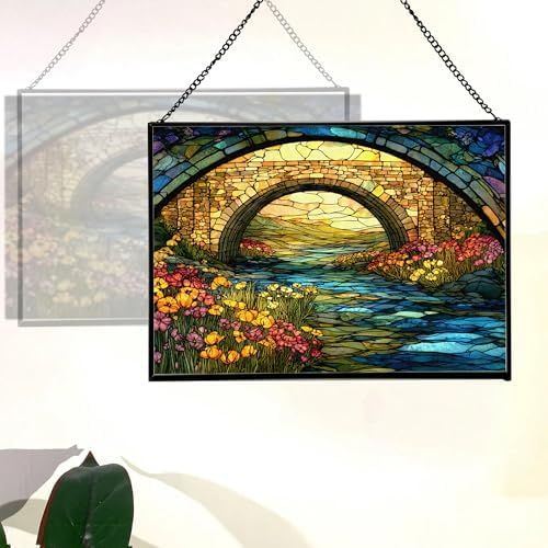Rainbow Bridge Over Meadow Stream Rectangular Stained Glass Suncatcher – Hanging Window Panel with Animal & Nature Scene – Vibrant Glass Art Gift for Wildlife, Fantasy, Nature Lovers YSUv9u - Image 3