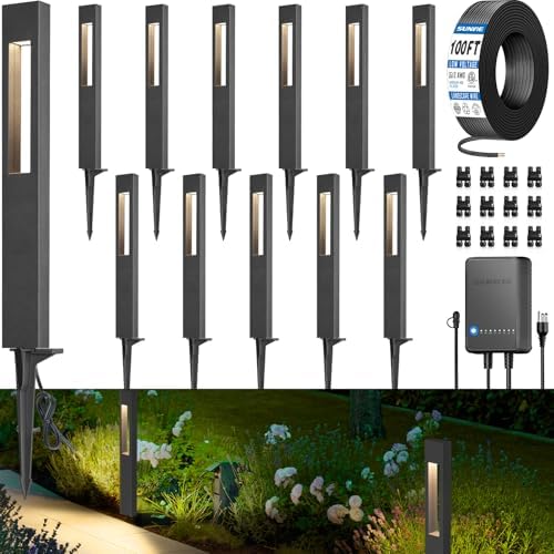 SUNVIE All-In-One LED Low Voltage Landscape Lighting Kit 12 Pack Low Voltage Pathway Lights with 60W Transformer ETL Listed 100FT Wire for Path Garden, Waterproof Pathway Lights Wired, 3000K, Aluminum by SUNVIE