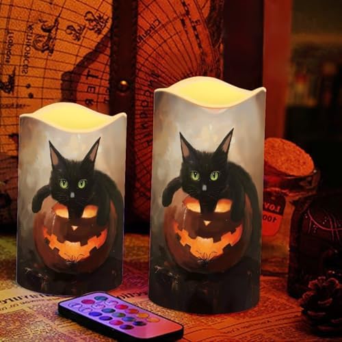 Jack O Lantern Black Cat Battery Operated Candles with Flickering Flame Timer Flameless Fake Pillar Candles Color Changing Led Electric Candles Tea Light for Halloween Party Home Decor - Image 5