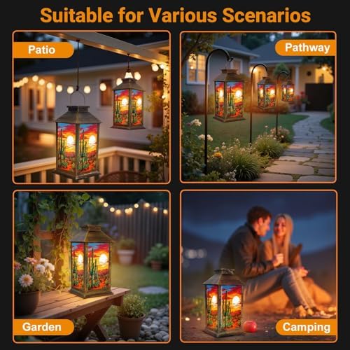 Solar Lantern Outdoor Waterproof Desert Sunset Landscape Saguaro Vibrant Sky Garden Decor LED Hanging Solar Lights Tabletop Lamp Gifts for Women Mom Outside Yard Patio Porch - Image 6
