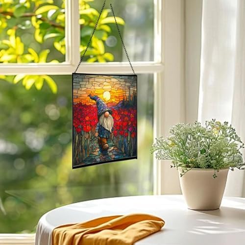 Gnome with Poppy Field Stained Glass Suncatcher – Square Hanging Window Panel for Home or Greenhouse – Whimsical Glass Art Gift for Garden Lovers, Christmas, Halloween, Father Days 6JfMPN - Image 3