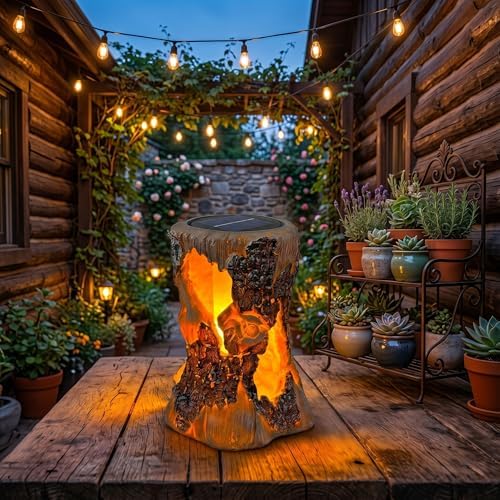 Solar Garden Lights, Flickering Stump Solar Flame Lantern Light Waterproof, Outdoor Stump On Fire Torch Light, Solar Powered Landscape Decoration Lighting for Patio Pathway Deck Yard (Natural) - Image 5