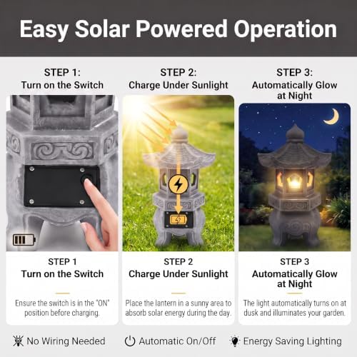 Japanese Solar Pagoda Lantern Outdoor Garden Decor Resin LED - Image 4