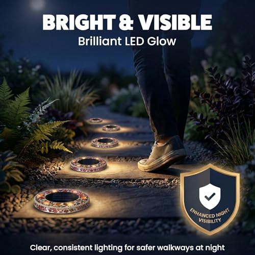 Bell+Howell 8 Pk Mosaic Solar Lights Outdoor LED Disk Pathway Lights, Taupe - Image 5