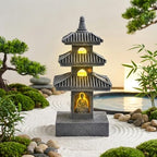 Pagoda Garden Statue, 10 Inch Weatherproof Solar Garden Decor, LED Light Zen Japanese Lantern for Backyard Balcony Patio Lawn Yard, Grey Pagoda Statue - Image 5