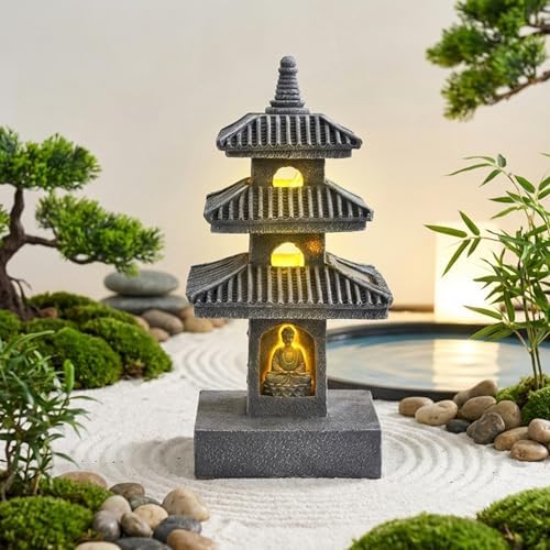 Pagoda Garden Statue, 10 Inch Weatherproof Solar Garden Decor, LED Light Zen Japanese Lantern for Backyard Balcony Patio Lawn Yard, Grey Pagoda Statue - Image 5