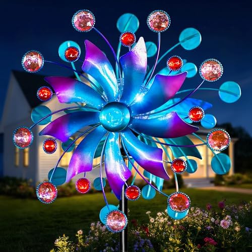 Solar Wind Spinner Outdoor - Metal Kinetic Wind Sculptures with Sparkling Jeweled Ornaments, Blue & Purple Gradient Dual-Direction Spinner, Solar LED Glass Ball Yard Art for Garden Patio Decor by Qualdout