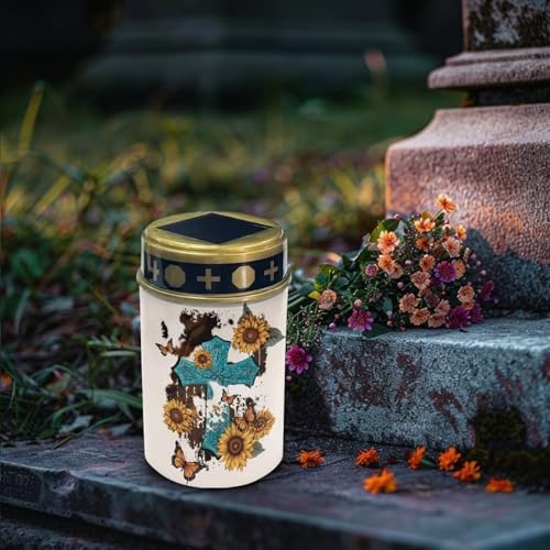 Poceacles Cross Solar Lights Outdoor Waterproof for Grave Decorations Fake LED Flameless Candles Outdoor Solar Lights Solar Lamp for Cemetery Lawn Yard, Sunflower Butterfly Gothic Cross, Pack of 2 - Image 3