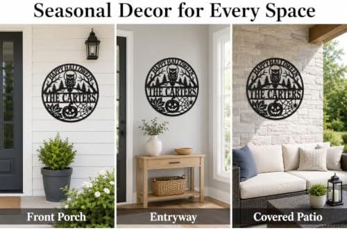 Personalized Halloween Metal Sign, Custom Family Name Wall Decor with Owl, Pumpkin and Spider Web, Round Front Door Sign for Porch, Entryway, Indoor Outdoor Home Decoration - Image 4
