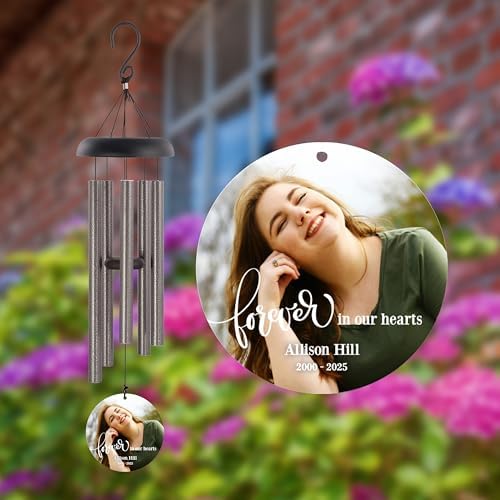 Memorial Wind Chime with Photo, Personalized Photo Memorial Gifts, Sympathy Gifts, Forever in Our Hearts Sympathy Wind Chime, Bereavement Gift with Photo (Bronze) - Image 3