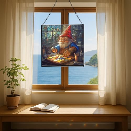 Suncatcher Maker Gnome Stained Glass Suncatcher – Square Hanging Window Panel for Home or Greenhouse – Whimsical Glass Art Gift for Garden Lovers, Christmas, Halloween, Father Days ceft0Z - Image 6