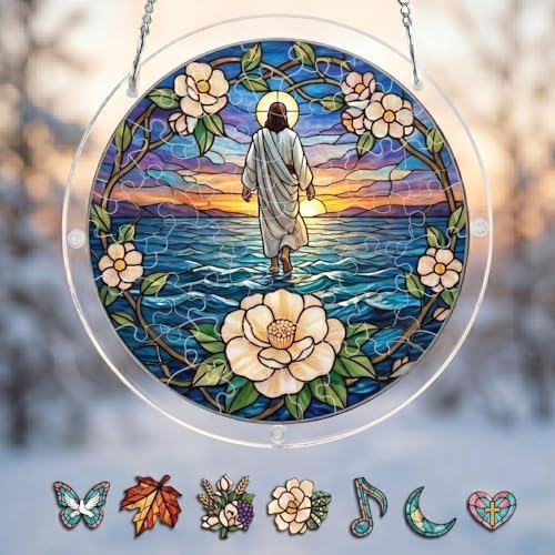 Jesus Puzzle Acrylic Suncatcher Size 10 inches, Garden Floral Sun Catchers, Christianity Window Hanging Ornaments, Stained Glass Effect Decor for Puzzle Lover by GIKZO