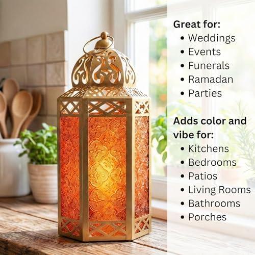 Vela Lanterns 12" Metal Moroccan Decorative Candle Lantern Holders for Hanging or Table, Indoor Home Decor, Outdoor Patio or Porch, Weddings, Gold, Amber Glass, Large - Image 2