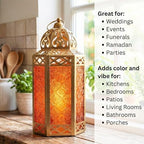 Vela Lanterns 12" Metal Moroccan Decorative Candle Lantern Holders for Hanging or Table, Indoor Home Decor, Outdoor Patio or Porch, Weddings, Gold, Amber Glass, Large - Image 2