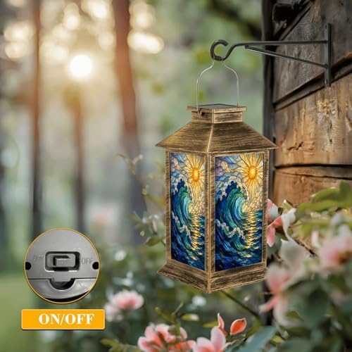 Solar Lantern Outdoor Waterproof Stained Glass Wave Sun Artwork Turquoise Gold Details Garden Decor LED Hanging Solar Lights Tabletop Lamp Gifts for Women Mom Outside Yard Patio Porch - Image 5