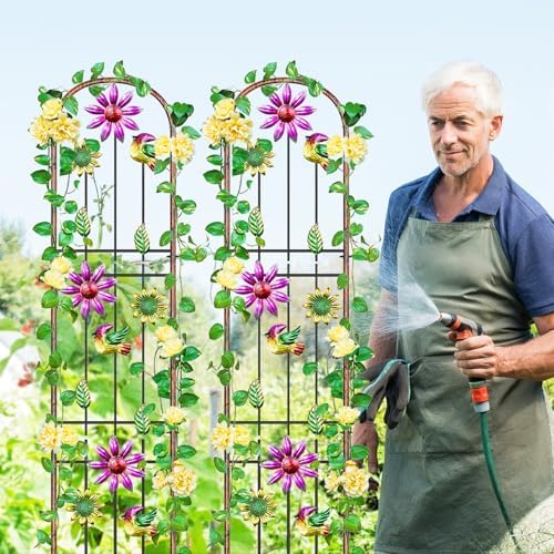 Metal GardenTrellis, Arched Fence Trellis Plant Support Trellises, Supporting Plants Outdoor Decoration for Climbing Plants Lawn Yard Patio Backyard Wall Brackets (Bird+Pink Flower) - Image 5