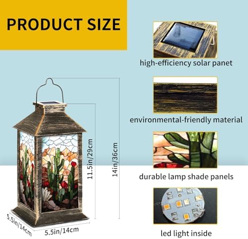 Solar Lantern Vivid Stained Glass Western Scene Mountains Outdoor Waterproof Garden Hanging Lantern Solar Powered Lighting Outside Table Lamp for Patio Deck Camping 1 Pack - Image 6