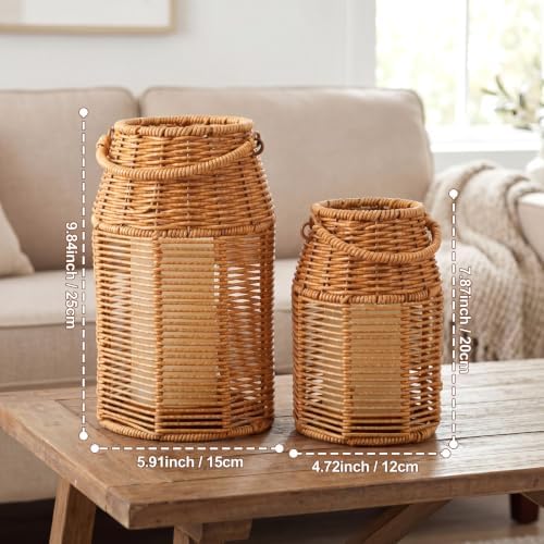 2 Pack Rattan Lanterns Boho Decor 10" 8", Handwoven Wicker Outdoor Patio Decor with Handle, Woven Lamp Shades for Home, Front Porch, Tabletop, Indoor Decoration - Image 3
