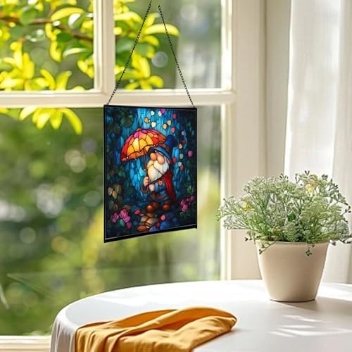 Gnome and Umbrella Petal Shower Stained Glass Suncatcher – Square Hanging Window Panel for Home or Greenhouse – Whimsical Glass Art Gift for Garden Lovers, Christmas, Halloween, Father Days ehmBik - Image 3