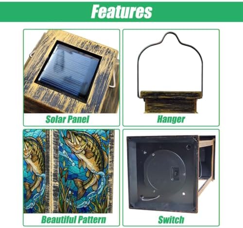 Solar Lantern Vibrant Stained Glass Design Bass Fish Aquatic Fishing Lovers Garden Hanging Lantern Waterproof Solar Powered Lighting Outdoor Table Lamp for Deck Yard Patios Trees Decor - Image 4