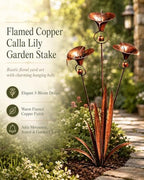 Flamed Copper Three Calla Lilies Garden Stake with Bells, 24 Inch Metal Flower Yard Art Decor, Handmade Rain Catcher Sculpture, Rustic Wind Chime Ornament for Patio Lawn Backyard Gift Idea - Image 2