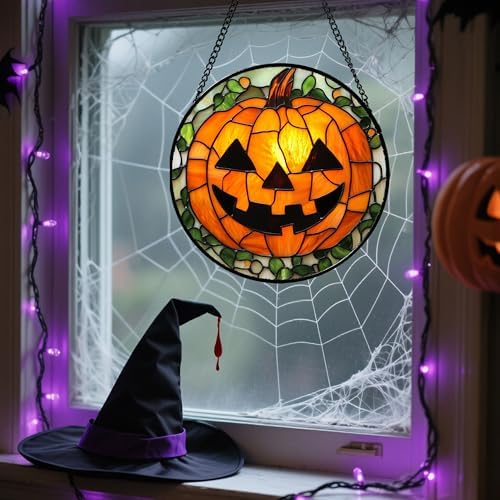 Stained Glass Window Hanging, Halloween Pumpkin Suncatcher, 11.8" Jack-o'-Lantern Ornament & Garden Decor, Christmas Stocking Stuffer, Birthday for Women Mom Grandma Nana - Image 4