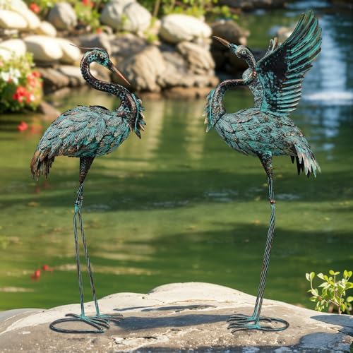 Large Garden Statues Set of 2, Metal Crane Sculptures, Bronze Heron Outdoor by RUIFABO