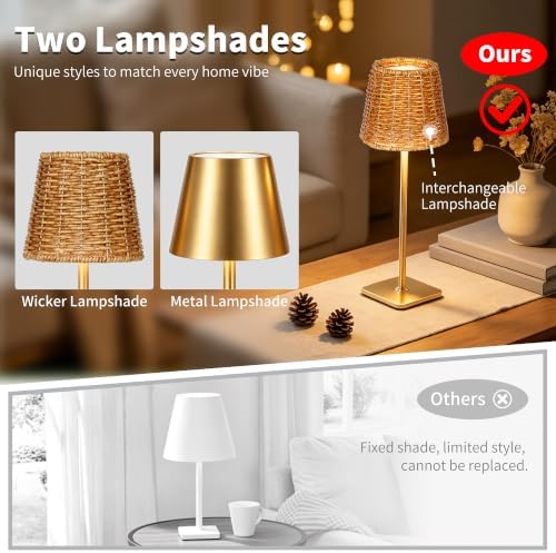 Mr.White Outdoor Waterproof Rechargeable Cordless Table Lamp with Wicker Shade, Battery Operated Table Light with Touch Control, for Patio Restaurant Kitchen (Gold 2 Pack) - Image 4
