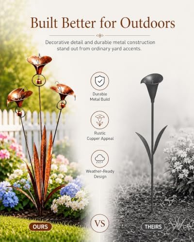 Copper Flamed Three Calla Lilies Garden Stake with Bells, Decorative Metal Stakes 24 Inch Handmade Whimsical Flower Rain Catcherflower Yard Art Decor Chime Rustic Yards Ornament Gift(3pcs) - Image 5
