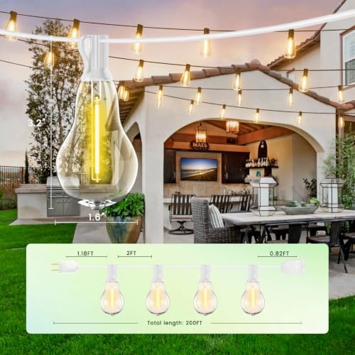 String Lights for Outside 200FT Patio Lights, LED String Light with 100+6(Spare) Waterproof Edison Bulbs, Hanging White Outdoor Light for Backyard, Bistro, Porch, Balcony White Cord - Image 4