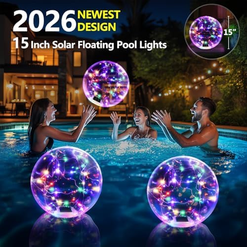 Floating Pool Lights, 15 Inch RGB Colorful Solar Pool Light That Float, IP68 Waterproof Inflatable Light Up Pool Balls, Float or Hang Solar Floating Lights for Pool, Wedding, Party Decor - 2PC - Image 5