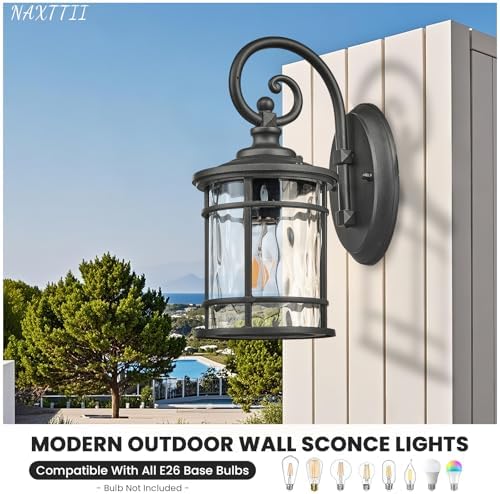 Outdoor Wall Lamps Exterior Waterproof Wall Sconce Light Fixture with Water Ripple Glass Die-Casting Aluminum Black Waterproof Wall Mount Light for Porch Garage Yards - Image 3