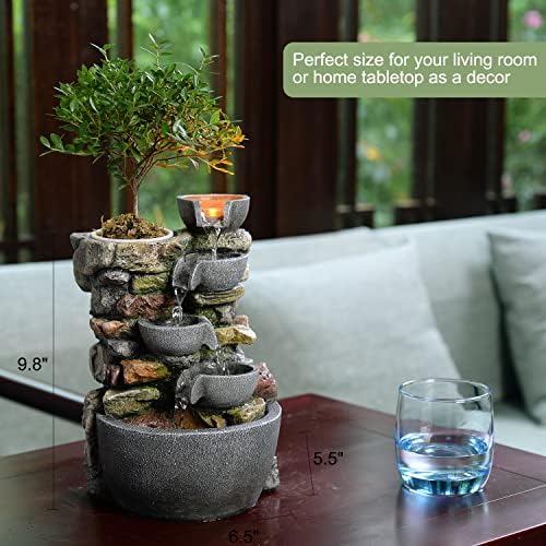 Haobos Indoor Fountain 4-Bowl Rockery Soothing Sound Tabletop Fountains Home/Office Decor Gift for Mom,Mother Day Present with A Small Plastic Pot to Grow Plant/Hebs By Yourself (Automatic Watering) - Image 3