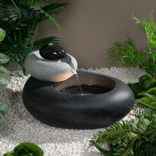 13.39" H Outdoor Water Fountain Made with Eco-Friendly Recyclable Materials, Polyethylene Rock Waterfall Outdoor Fountain, Garden Decor with LED Light & Pump for Patio, Backyard (13.39") by PUULYE