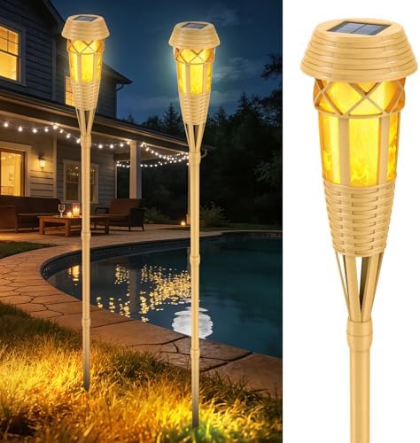 Solar Torch Lights, Flickering Flame Bamboo Outdoor Lights, 2‑Pack by EvelynsunLife