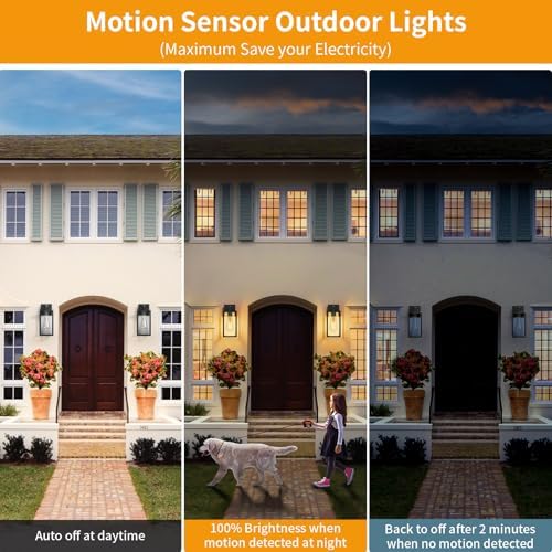 2 Pack 13‘’ Motion Sensor Outdoor Wall Light Fixture, Large Front Porch Lights for House, Exterior Wall Sconce, Black Waterproof Lantern Lamp,Outside Coach Light for Garage Entryway Yard - Image 2