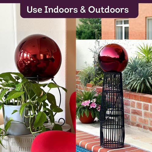 Lily's Home 10" Diameter Stainless Steel Gazing Globe Mirror Ball, Colorful and Shiny Addition to Any Garden or Home, Ideal As a Housewarming Gift, Sparking Red - Image 5