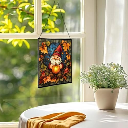 Gnome in Pumpkin Patch Stained Glass Suncatcher – Square Hanging Window Panel for Home or Greenhouse – Whimsical Glass Art Gift for Garden Lovers, Christmas, Halloween, Father Days o4PlUz - Image 3