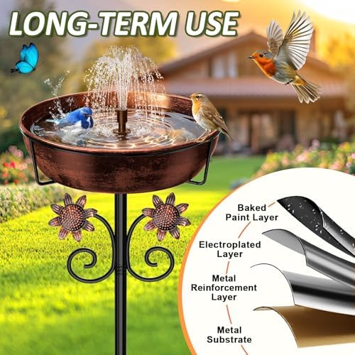 3" Deep Metal Bird Bath for Outside, Removable 12" Dia Vintage Bird Baths Bowl for Outdoors with Stable 5-Prong Stake, 37" H Freestanding Birdbath for Garden Patio Yard Lawn (Brush Bronze) - Image 3