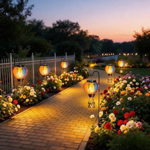 Larekook Solar Hot Air Balloon Lantern with Flickering Flame Light,Glass Hanging Garden Decor Hot Air Balloon Solar Lantern Outdoor Waterproof for Yard Patio Porch Lawn(Rainbow) - Image 3