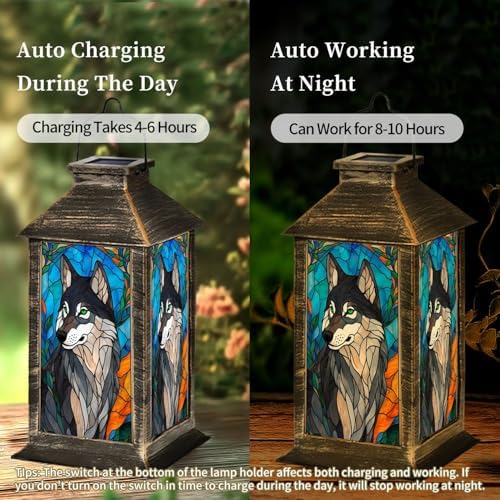 Solar Lantern Wolf Stained Glass Blue Orange Mosaic Wildlife Art Outdoor Waterproof Hanging Solar Light Outside Lights for Patio Yard House Lawn Decor Birthday Gifts for Women Mom - Image 4