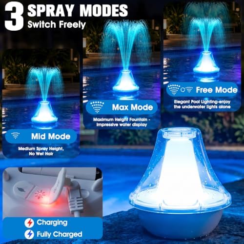 Bubbling Pool Fountain with Lights,Floating Pool Fountains with Anchor,Above Ground Pool Water Fountain Pump,Battery Powered Swimming Pool Floating Fountains for Inground Pool-1PC(White) - Image 3