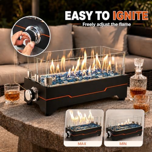 GRISUN 15 Inch Propane Tabletop Fire Pit, 30,000 BTU with Glass Wind Guard - Image 4