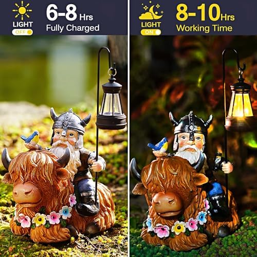 Garden Gnome Outdoor Statue Highland Cow Decor for Yard Patio Lawn Porch Birthday Gifts for Women Men, Mother’s Day, Housewarming with Solar Light Gnome Decor for Outside - Image 3
