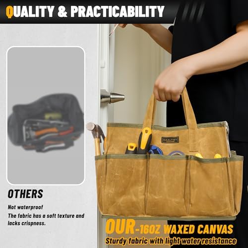 16OZ Waxed Canvas Tool Tote Bag | Large-Capacity Tool Storage Tote with 10 External Pockets | Multi-Purpose Garden Tool Carrier for Gardening, Wrench, and Carpentry Tools – Khaki - Image 5