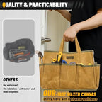 16OZ Waxed Canvas Tool Tote Bag | Large-Capacity Tool Storage Tote with 10 External Pockets | Multi-Purpose Garden Tool Carrier for Gardening, Wrench, and Carpentry Tools – Khaki - Image 5