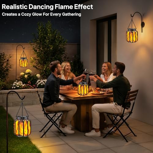 TomCare Solar Lights Outdoor 4 Pack Flickering Flame Metal Hanging Lanterns - Image 2