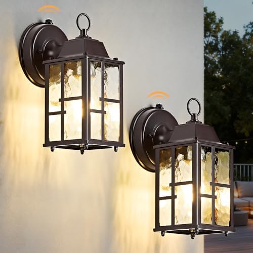 OKELI 2-Pack Dusk to Dawn Outdoor Wall Lights, Weatherproof Exterior Lighting Fixture Wall Mount, Aluminum Ripple Glass Porch Light, Anti-Rust Outside Wall Sconce for House, Garage(Brown) by OKELI